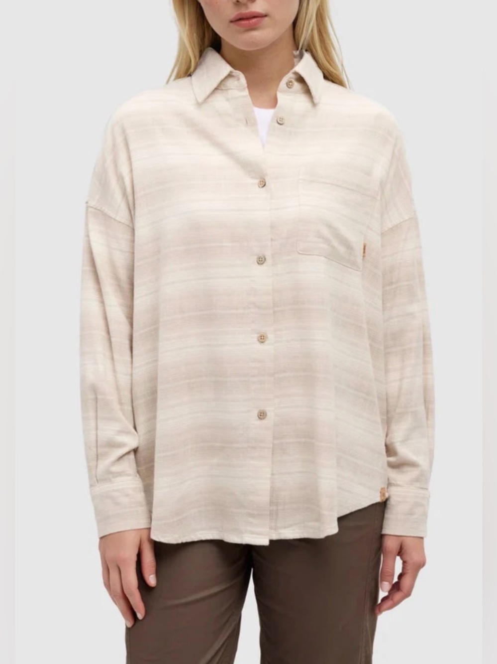 NWT Tentree Stretch West End Shirt XS Vintage White Bowen Stripe Plaid Oversized